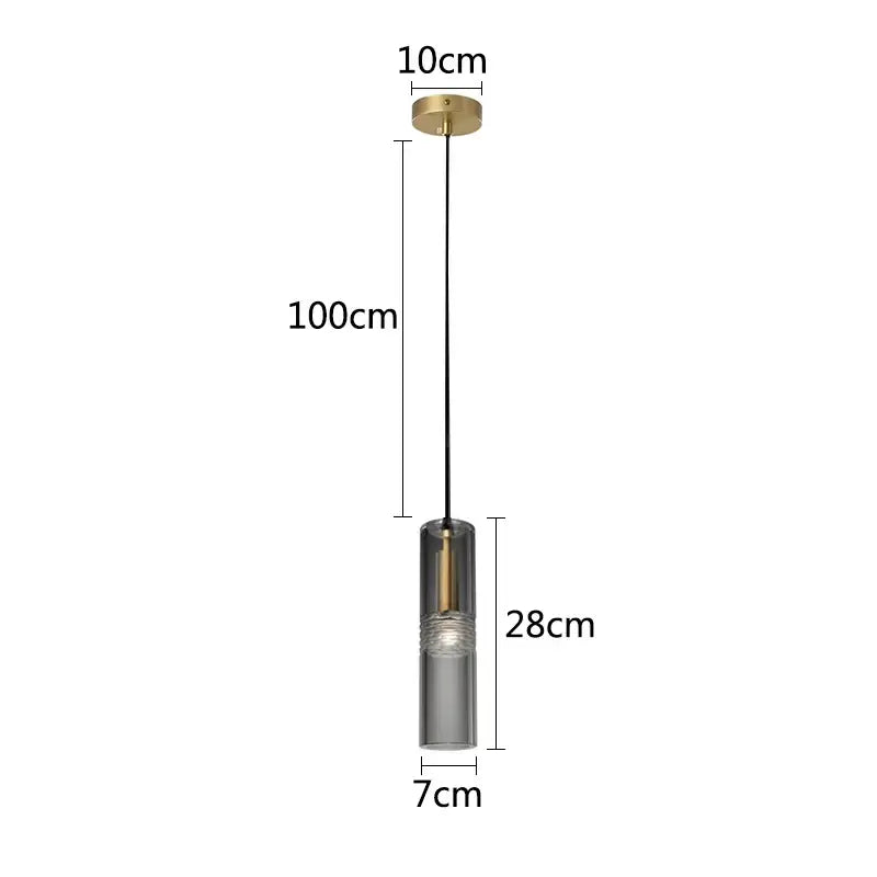 A modern minimalist decorbites crystal copper pendant light with cylindrical smoked glass shade and brass finish