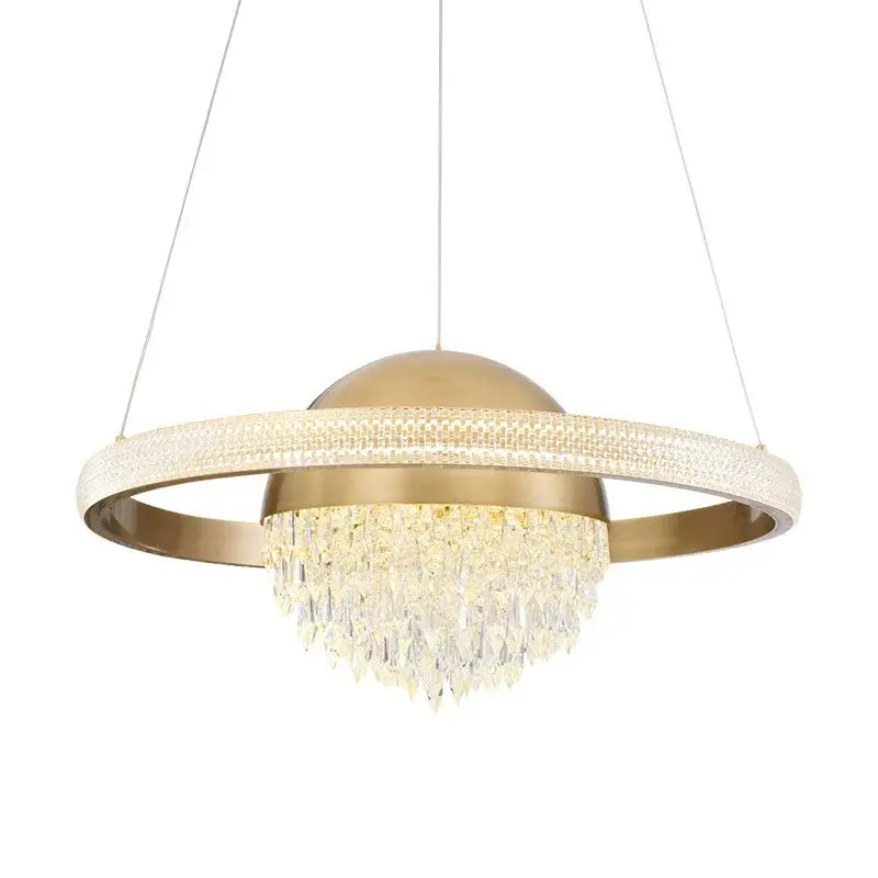 Gold-toned decorbites crystal copper pendant light with circular ring and cascading crystals for luxury dining room decor