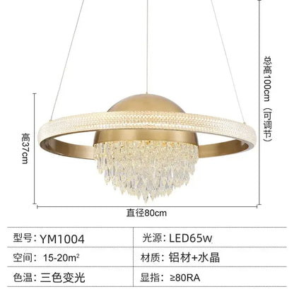 Gold-toned decorbites crystal copper pendant light with circular ring and cascading crystals for luxury dining room decor