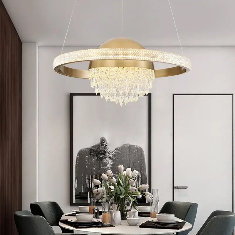 Gold-toned decorbites crystal copper pendant lights with circular frame and dangling crystals for luxury dining room decor