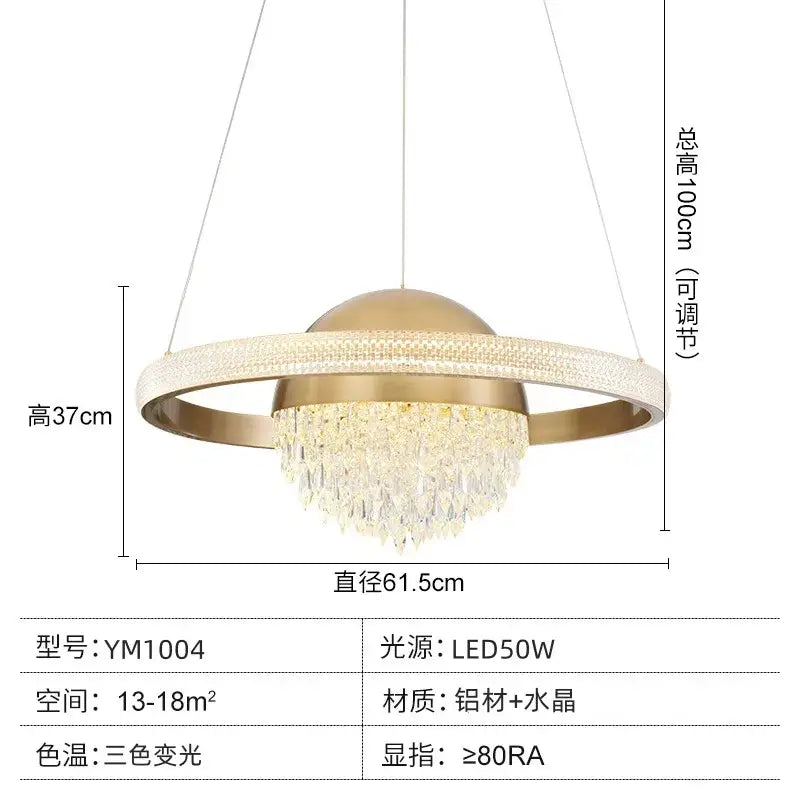 Modern gold-toned decorbites crystal copper pendant lights featuring a circular ring with crystals for luxury dining room decor
