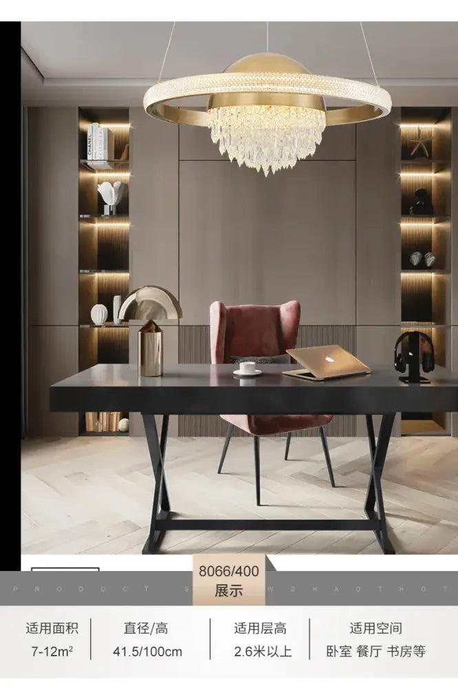 Gold-toned circular decorbites crystal copper pendant light with crystal fringe for luxury dining room decor