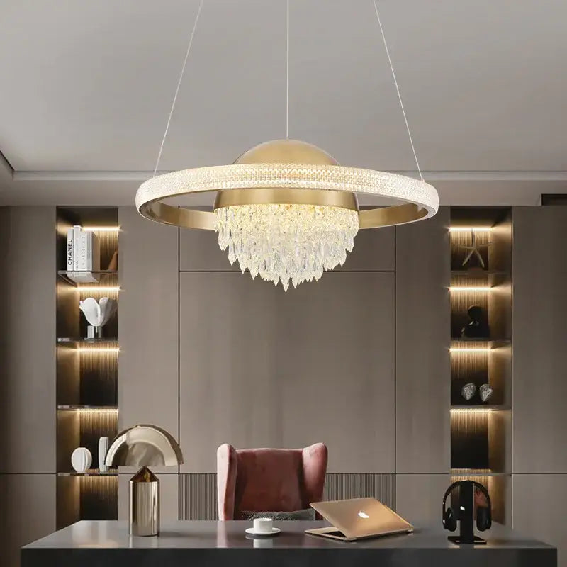 Gold-toned decorbites crystal copper pendant lights with crystal fringe and embedded led lights for luxury dining room decor
