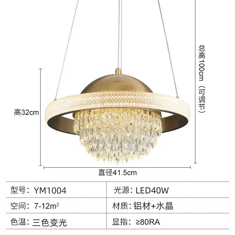 A modern decorbites crystal copper pendant light with gold-toned dome and crystal droplets for dining room luxury decor