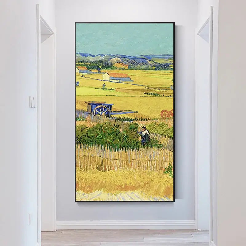 A framed reproduction of vincent van gogh wheat field with a reaper in a sleek black frame with decorbites crystal craft led wall lamp