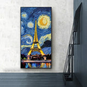 Decorbites crystal craft led eiffel tower wall lamp featuring vibrant canvas with starry night and golden moonlight design