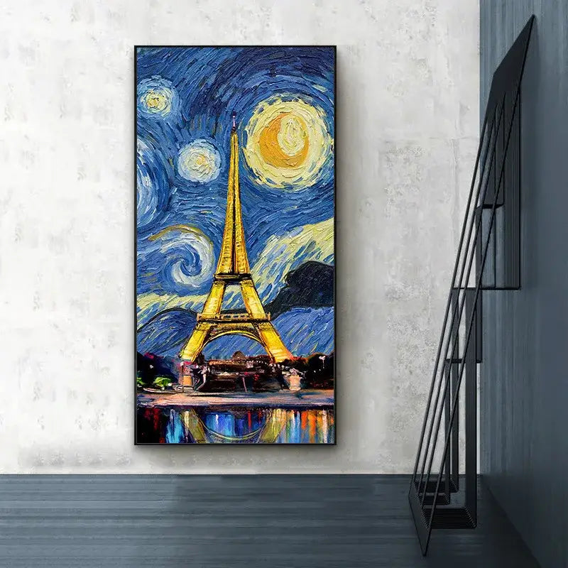Decorbites crystal craft led eiffel tower wall lamp featuring vibrant canvas with starry night and golden moonlight design