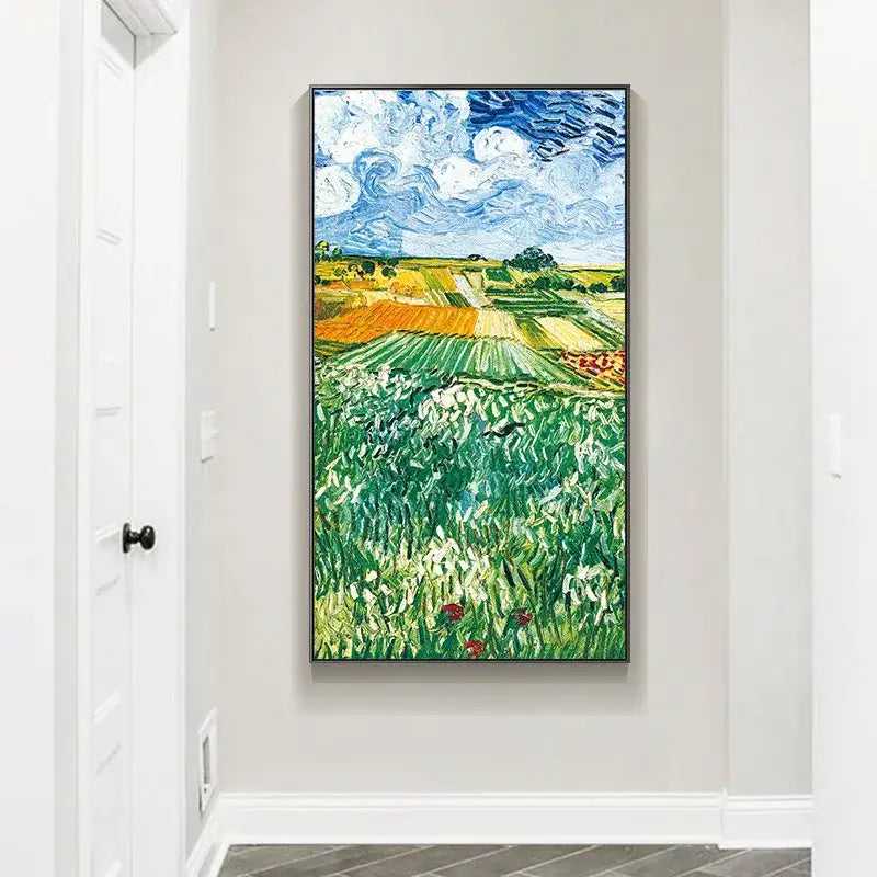 A vibrant vertical reproduction of vincent van gogh wheatfield with crows in a black frame crystal craft led wall lamp