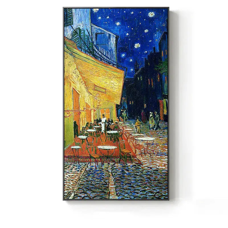 A framed reproduction of Van Gogh’s the night café with vibrant yellow and blue colors in a Decorbites crystal craft led wall lamp