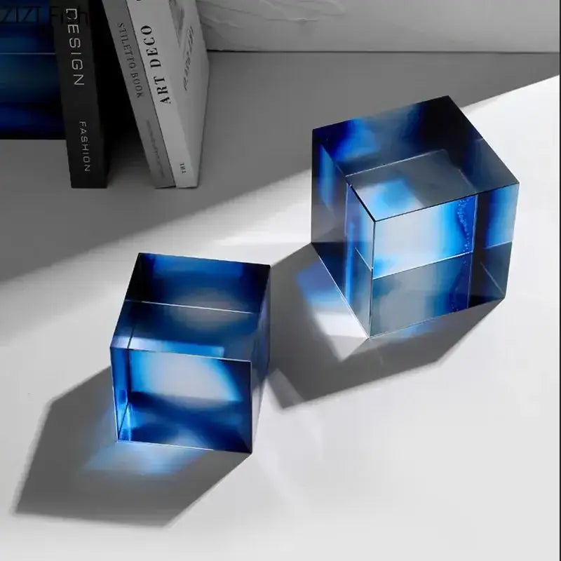 Two translucent blue glass decorbites crystal cube ornaments with gradient effect for living room decor