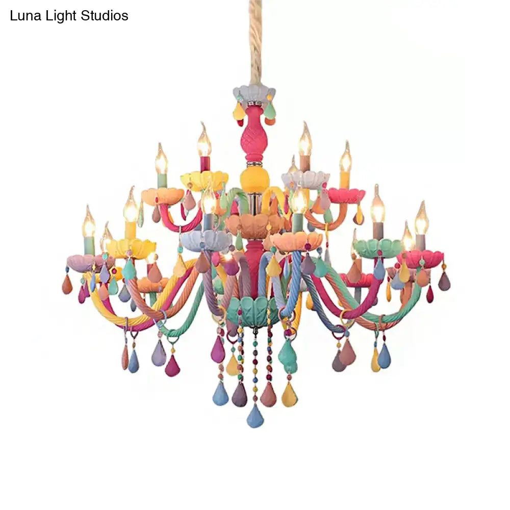 A vibrant multicolor painted metal chandelier with teardrop crystal ornaments for kids classroom decor