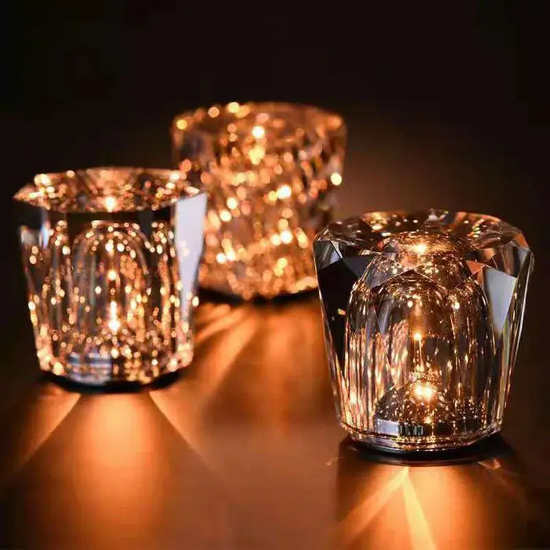 Decorbites crystal diamond night light bedroom glass table lamp with faceted crystal candle holders refracting warm golden light