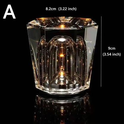 Decorbites crystal diamond night light featuring a clear faceted crystal glass candle holder with warm internal lighting