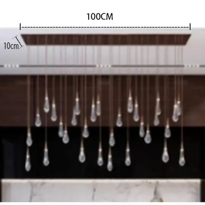 Modern minimalist decorbites crystal drop chandelier with wooden rectangular top and clear glass teardrops for dining room light