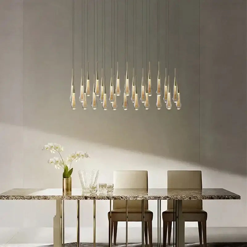 Modern decorbites crystal drop chandelier with gold slender glass teardrop shades for dining room lighting