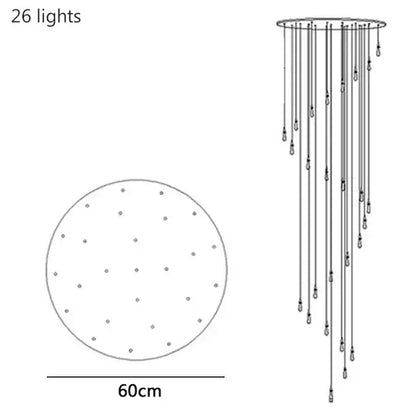 A modern decorbites crystal drop chandelier with 26 slender gold glass lights for dining room lighting