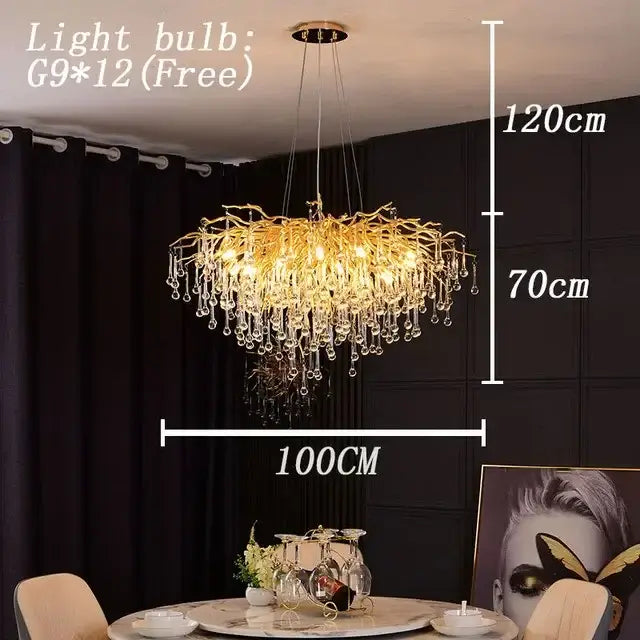 Golden branch style decorbites crystal drop chandelier with dangling crystal droplets for dining room lighting