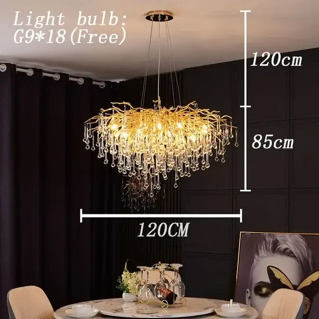Golden branch style crystal drop chandelier with dangling crystal droplets for dining room by decorbites crystal drop