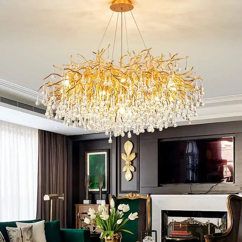 Golden branch-style decorbites crystal drop chandelier with cascading clear crystal droplets for dining room lighting