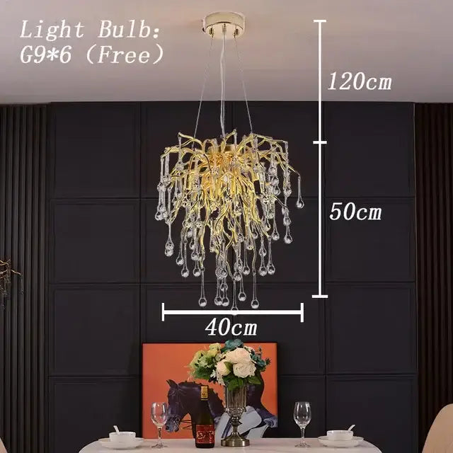 Gold-toned decorbites crystal drop chandelier with crystal droplets and branching arms for dining room lighting