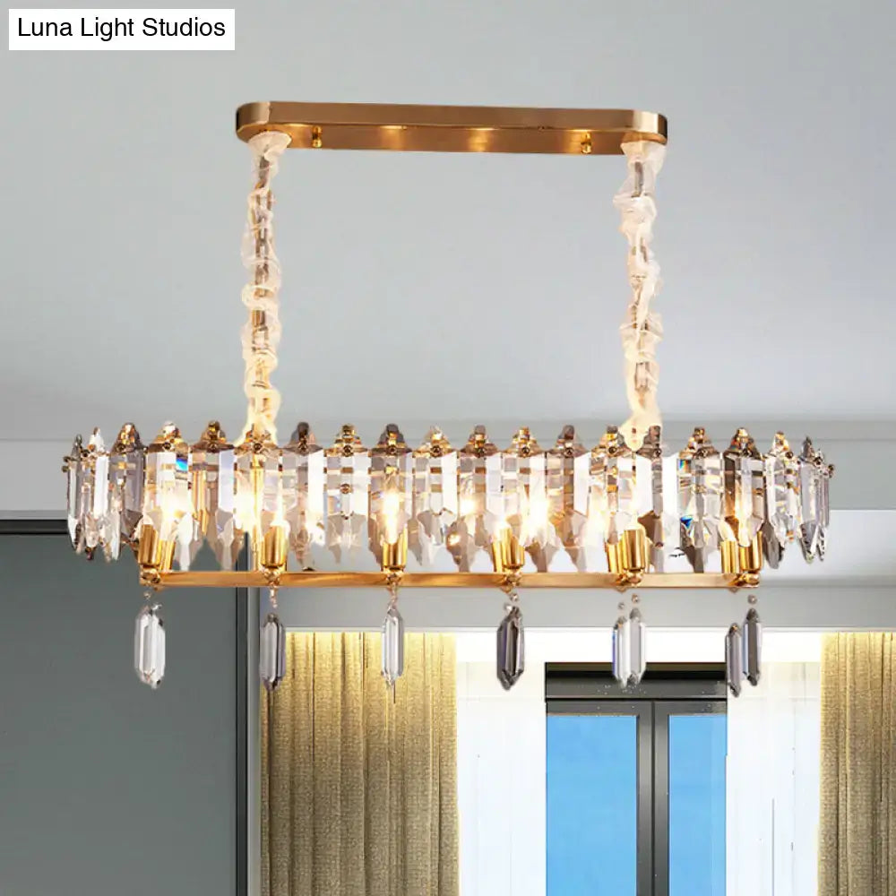 Gold-toned rectangular crystal drop chandelier with clear prisms and faceted pendants for dining hall 110v-120v 220v-240v modern clear oval design