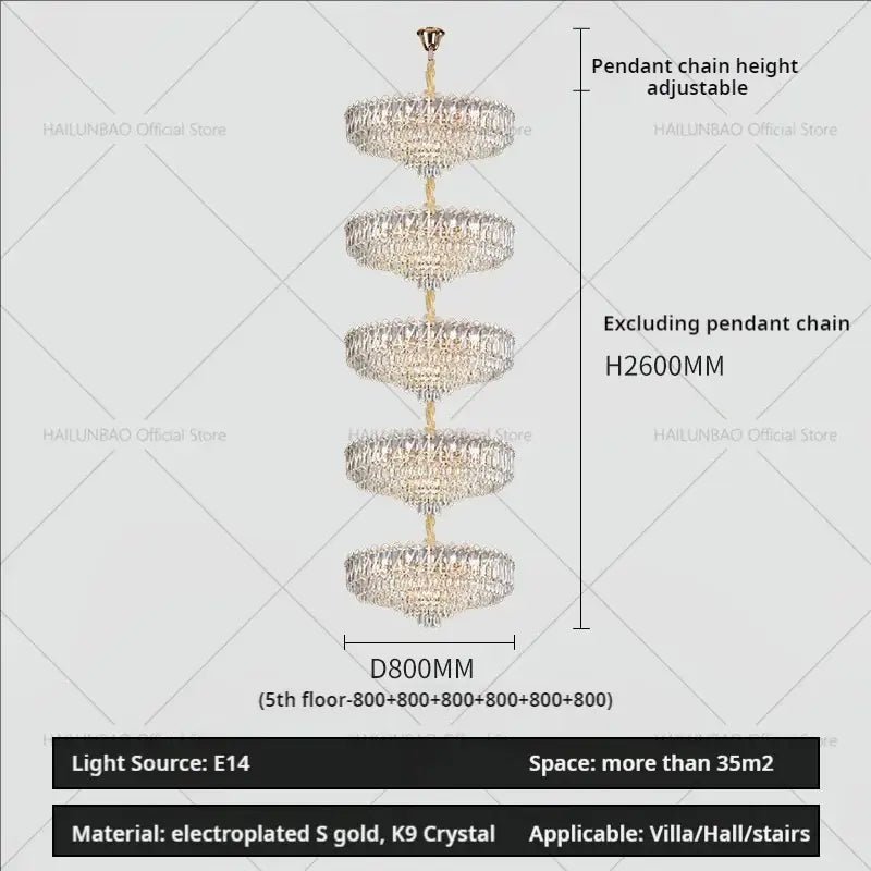 Five-tiered decorbites crystal duplex chandelier with electroplated gold frame and k9 crystals for living room lighting
