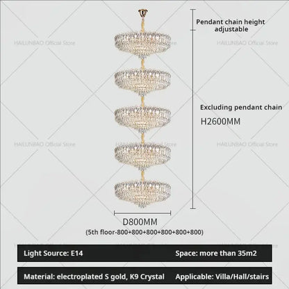 Five-tiered decorbites crystal duplex chandelier with electroplated gold frame and k9 crystals for living room lighting