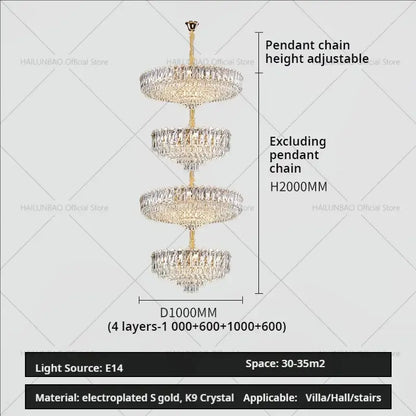 Decorbites crystal duplex chandelier with gold finish and cascading k9 crystals for elegant villa lighting