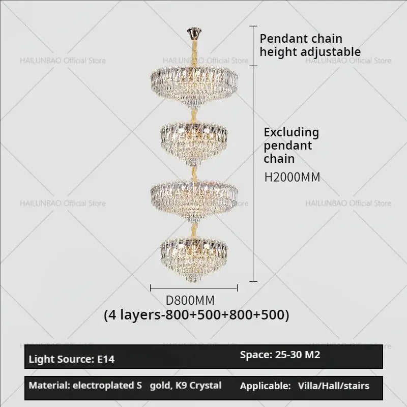 Decorbites crystal duplex multi-tiered chandelier with gold metalwork and clear k9 crystals for elegant villa lighting