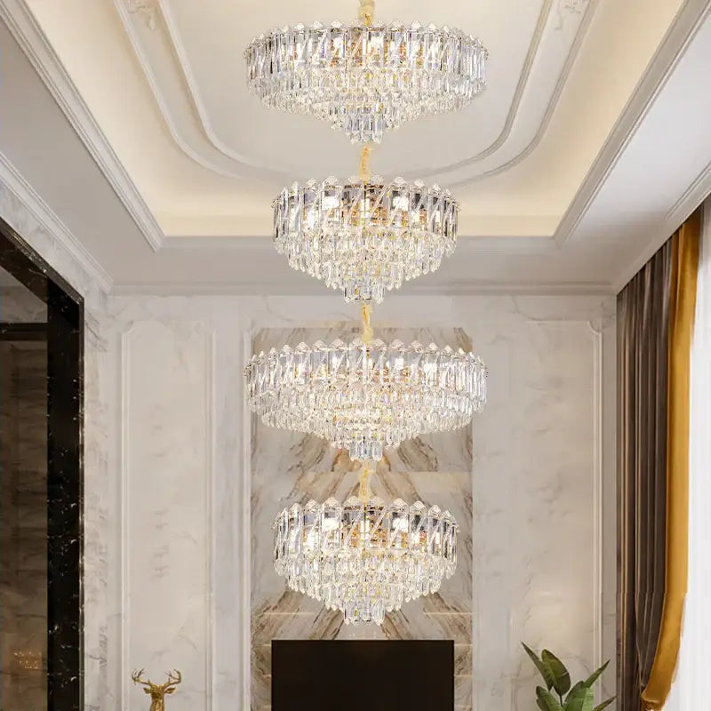 Decorbites crystal duplex chandelier gold living room lighting with cascading clear faceted crystals and metal accents