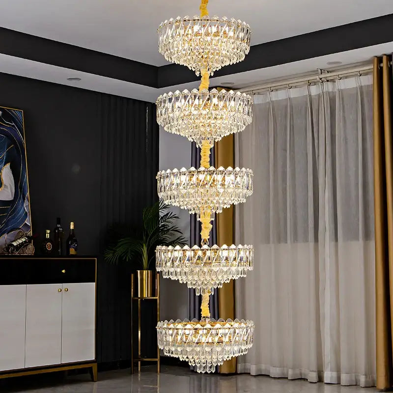 A decorbites crystal duplex chandelier with golden finish featuring multi-tiered clear faceted crystals for living room lighting