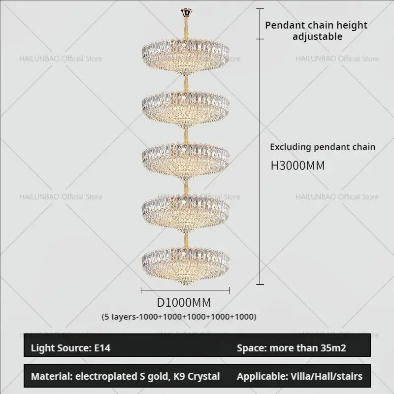 Decorbites crystal duplex chandelier featuring five clear crystal tiers with gold electroplated chain for living room lighting