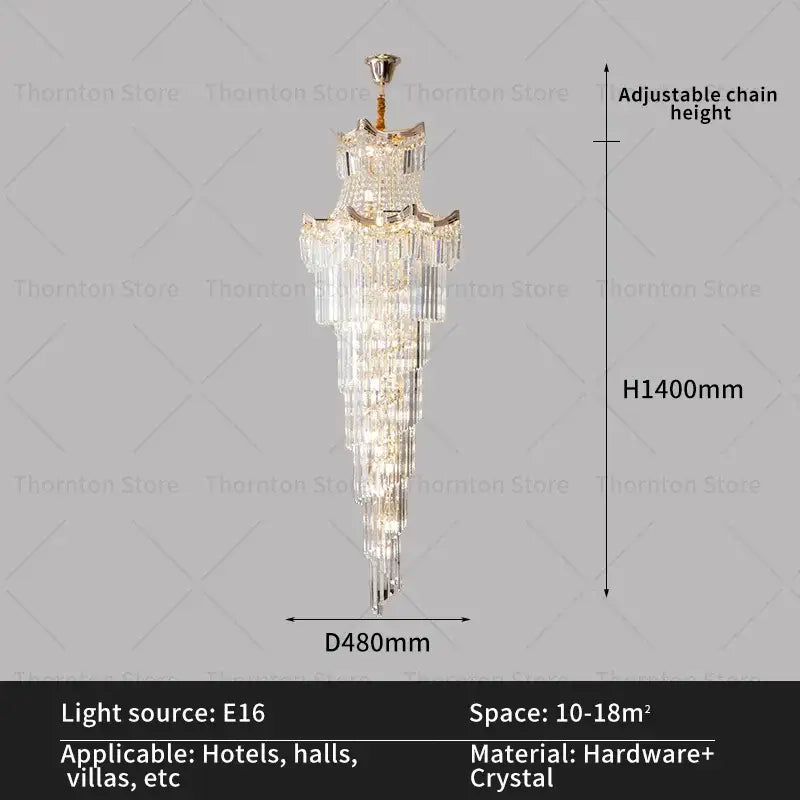 A tall elegant decorbites crystal duplex chandelier with tiered design and gold-toned hardware for living room staircase