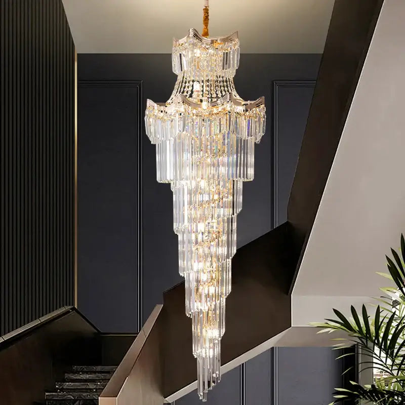 Decorbites crystal duplex chandelier with multi-tiered clear glass prisms and gold accents for staircase living room lighting