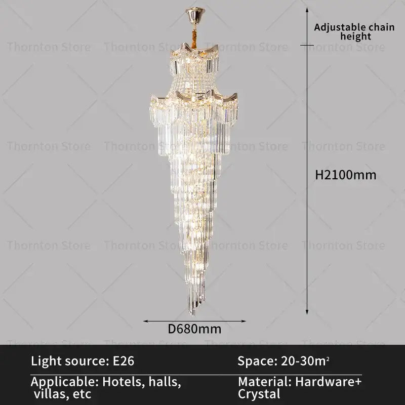 A tall gold decorbites crystal duplex chandelier with cascading clear glass prisms for staircase or living room lighting