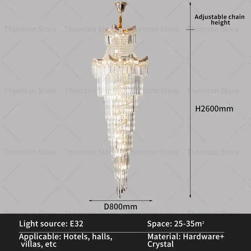 Elegant decorbites crystal duplex chandelier with gold-toned frame and cascading clear crystals for staircase lighting