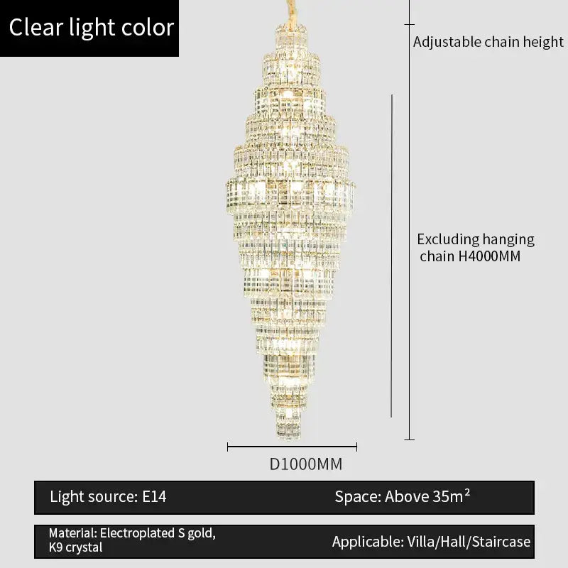 A decorbites crystal duplex chandelier featuring tall tiered rows of clear k9 crystals in electroplated gold finish