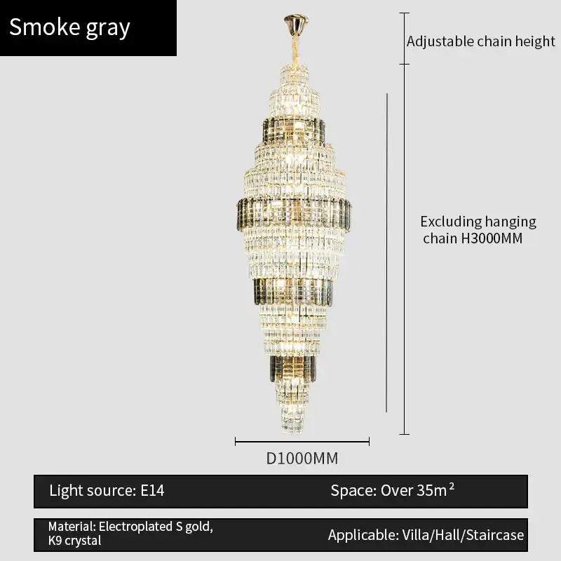 Smoke gray tiered crystal duplex chandelier with electroplated gold and k9 crystal by decorbites crystal luxe living room light