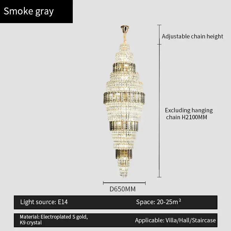 Smoke gray decorbites crystal duplex chandelier with electroplated gold and k9 crystal tiers for living room use