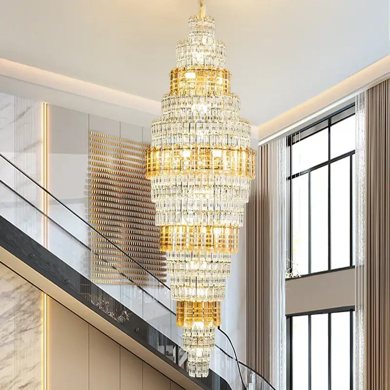 Decorbites crystal duplex chandelier with multi-tiered clear faceted crystals and gold-toned metal accents for living room