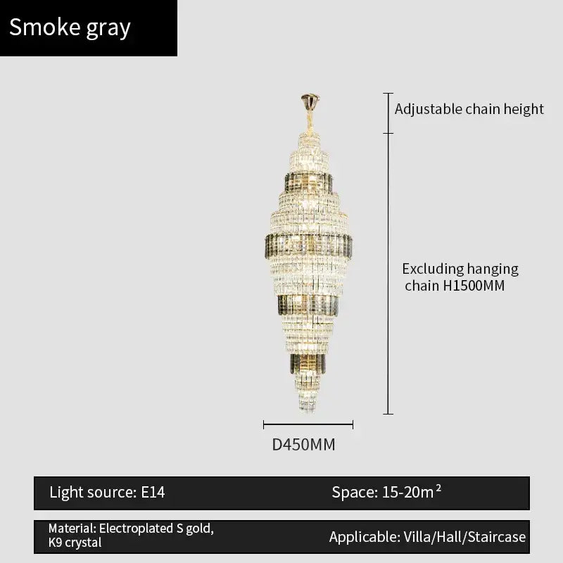 Smoke gray Decorbites crystal duplex chandelier with electroplated gold and K9 crystal tiers for living room lighting