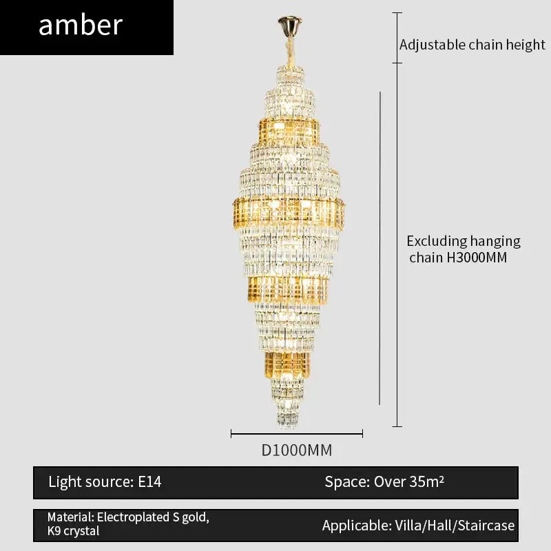 Amber tiered decorbites crystal duplex chandelier with electroplated gold and k9 crystal for luxe living room lighting