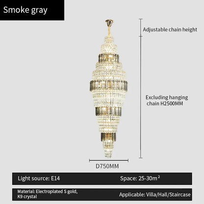 Smoke gray tiered decorbites crystal duplex chandelier with electroplated gold and k9 crystal for living room luxury light
