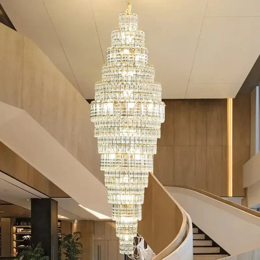 A decorbites crystal duplex multi-tiered chandelier with clear faceted glass elements for elegant living room lighting