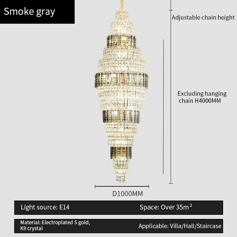 Decorbites crystal duplex chandelier with smoke gray electroplated gold k9 crystal tiers for luxe living room lighting