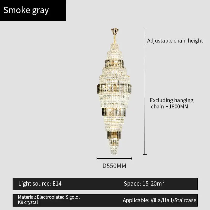 Smoke gray decorbites crystal duplex chandelier tiered with electroplated gold and k9 crystal for living room lighting