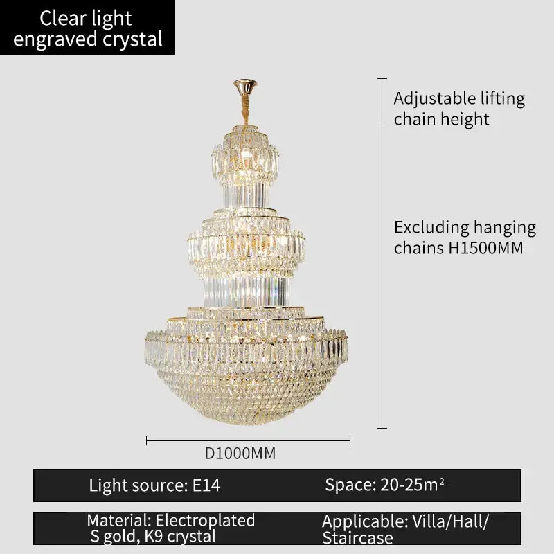 Decorbites crystal duplex gold chandelier with clear engraved crystals and electroplated gold accents for hotel and living room