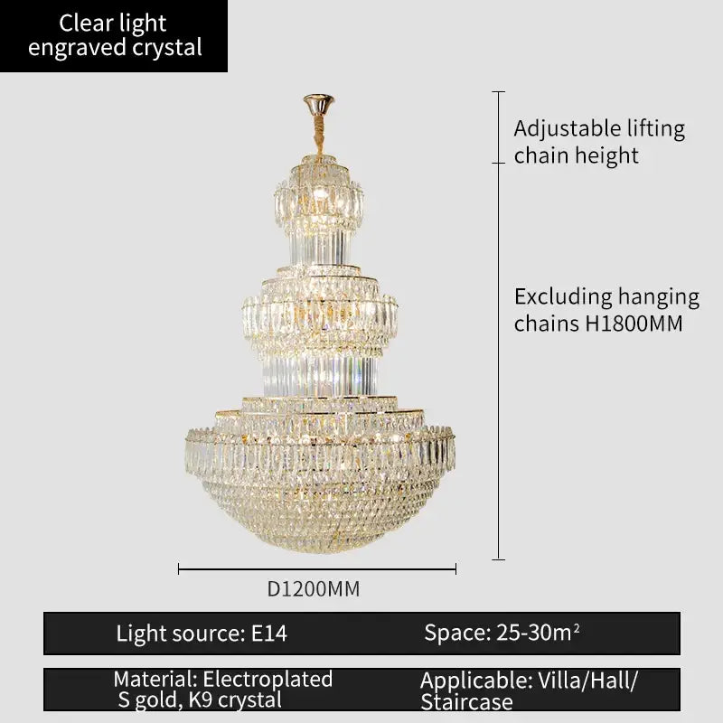 Elegant decorbites crystal duplex gold chandelier with clear engraved crystal and electroplated s gold frame for living room