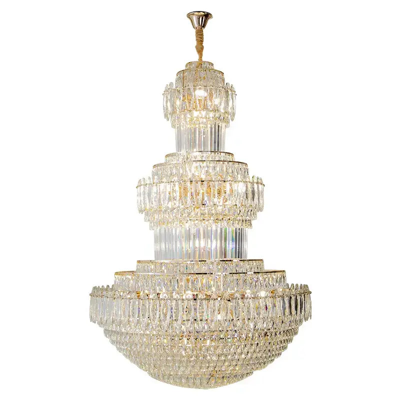 A multi-tiered crystal duplex chandelier with a gold-toned metal frame by Decorbites for hotel and living room use