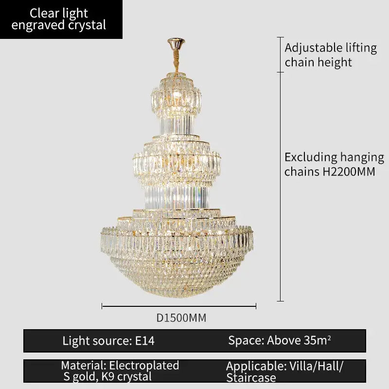 Decorbites crystal duplex gold chandelier with clear engraved crystal and electroplated gold accents for villas and halls